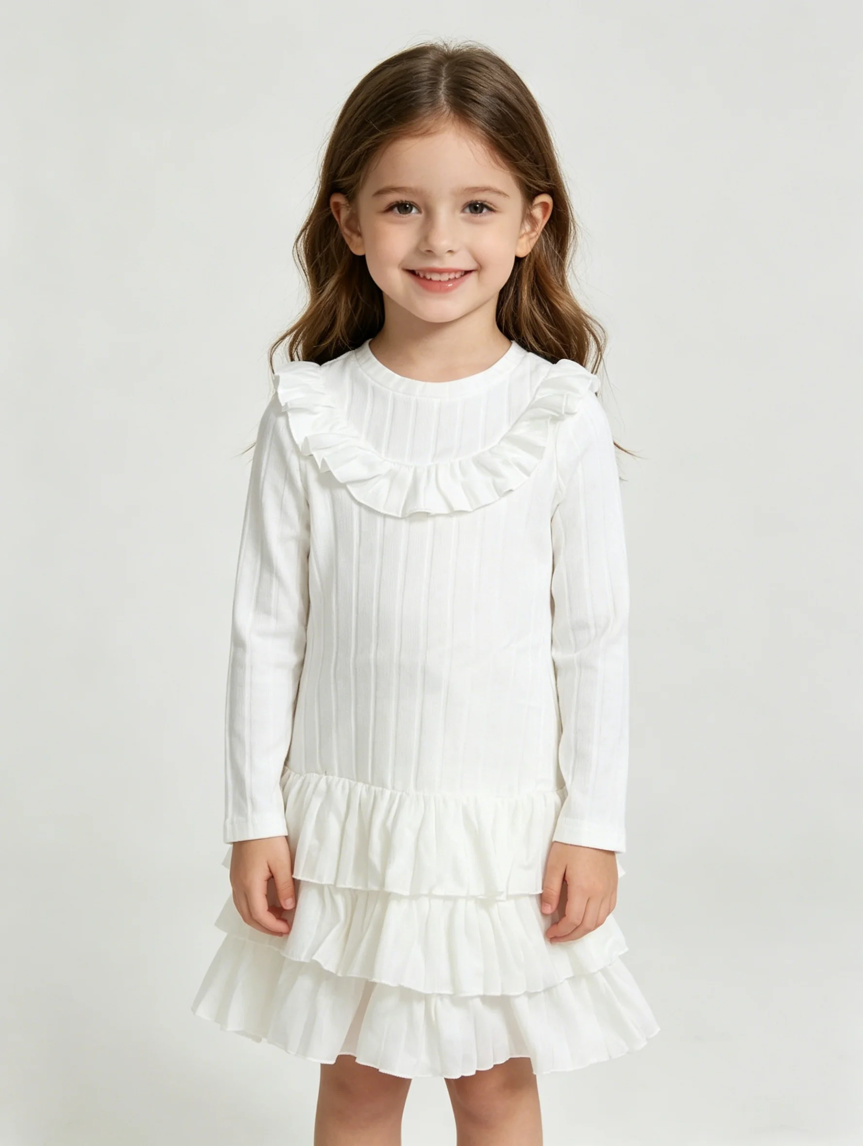 Summer Girls' Round-Neck Long-Sleeved Solid Color Multi-Layer Cake Dress Fashionable And Adorable Dress