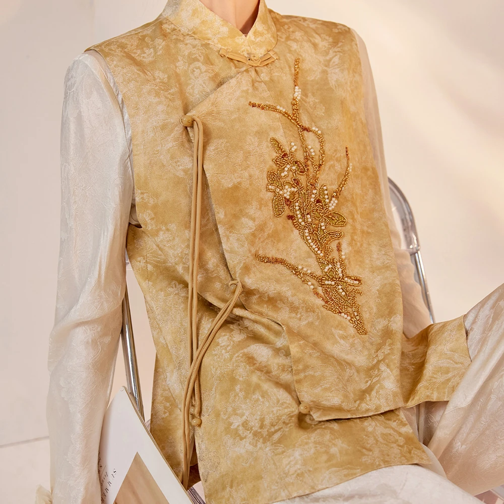 

Women Chinese Ethnic Style Vest Qipao Top Luxury Beads Sequined Embroidery Sleeveless Hanfu Coat Cheongsam Tops Waistcoat