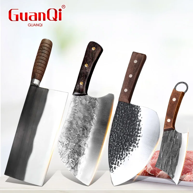 Household Hand Forged Cleaver Knife Sharp Carbon Steel Wooden Handle Multipurpose Meat Vegetable Slicing Kitchen Knife