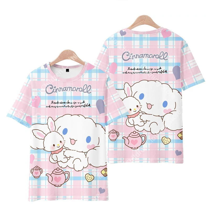 Летняя кавайная футболка Cinnamoroll для мальчиков и девочек 2024 детский мультяшный 3D Аниме узор для детей девочек и мальчиков Модный с короткими рукавами