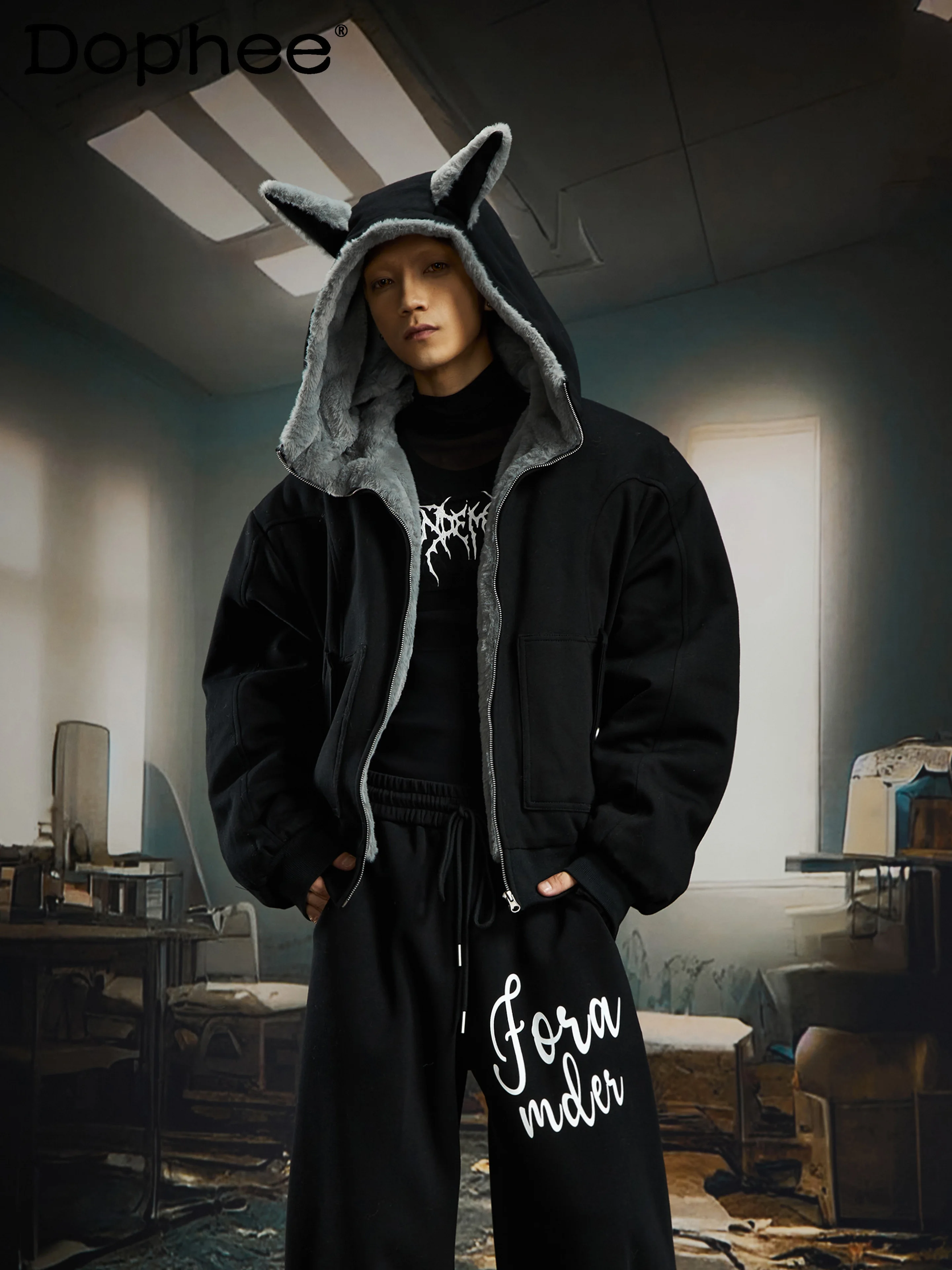 

American Retro Cartoon Zipper Hoodie Winter Warm Thick Fashion Trendy Stylish Loose Casual Jacket for Men