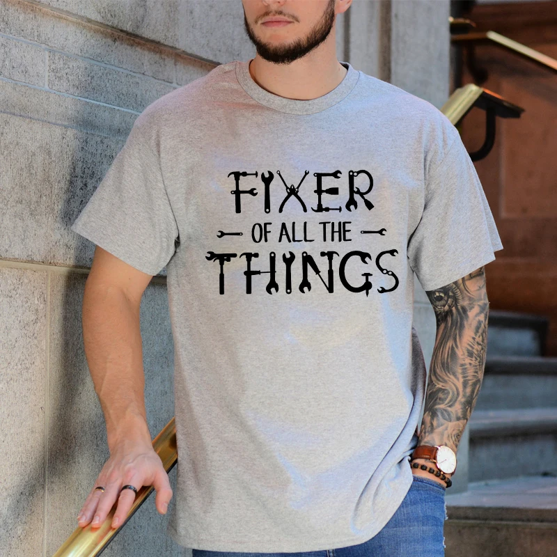 Fixer of All The Things T-Shirt for Men, Tool Letter Graphic Tees Casual Short Sleeve O Neck Tops Handyman Gift for Father's Day