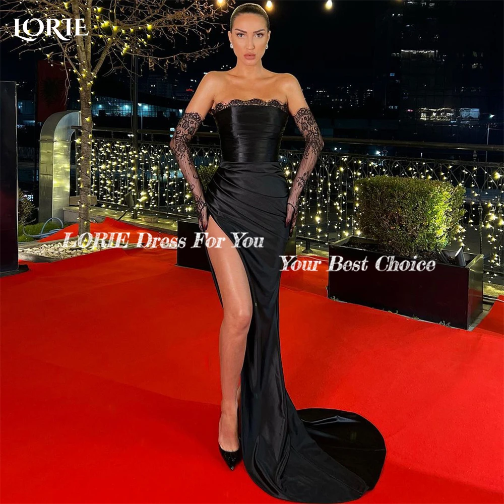 LORIE Luxury Black Mermaid Evening Dresses Off Shoulder Lace Pleated  Prom Dress Arabia High Side Slit Party Gowns No Gloves