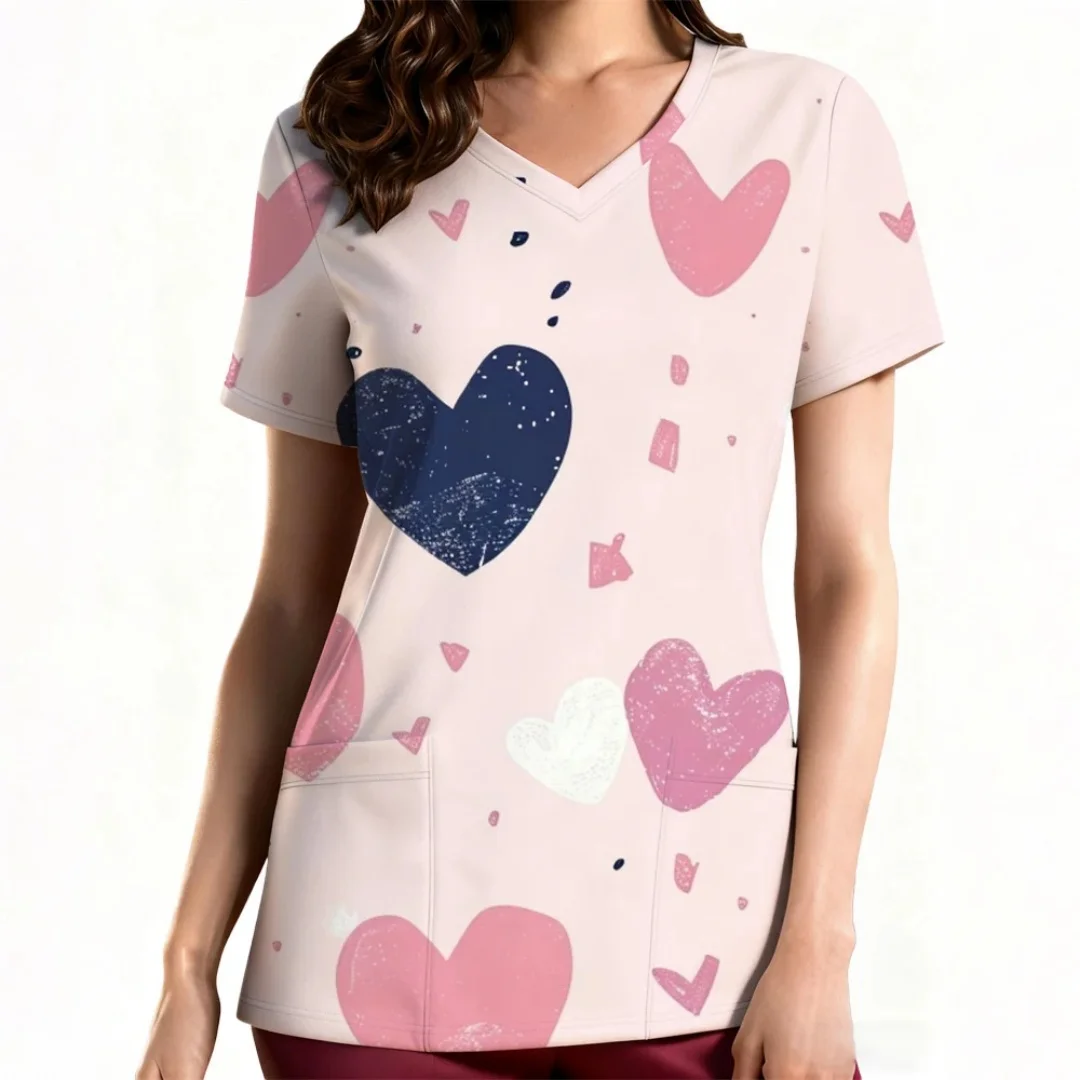 Uniforme da infermiera da donna con scollo a V stampata in 3D a tema San Valentino Simple Love, top da donna comodo e casual alla moda per tutti i giorni