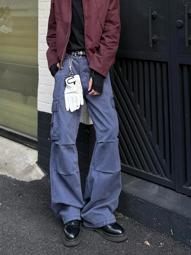 Retro Waed American Vibe Men's Loose Straight Leg Work Trousers Wide Leg Pleated Design Casual Cotton Pants