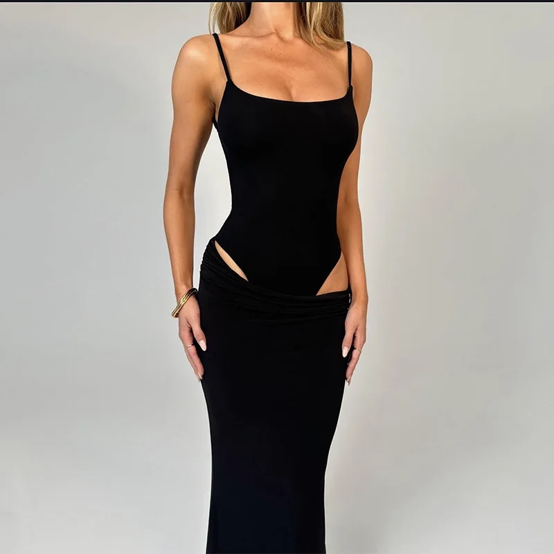 

Celebrity style suit sexy backless solid color sleeveless onesie slim versatile long dress two-piece set women's party sexy temp