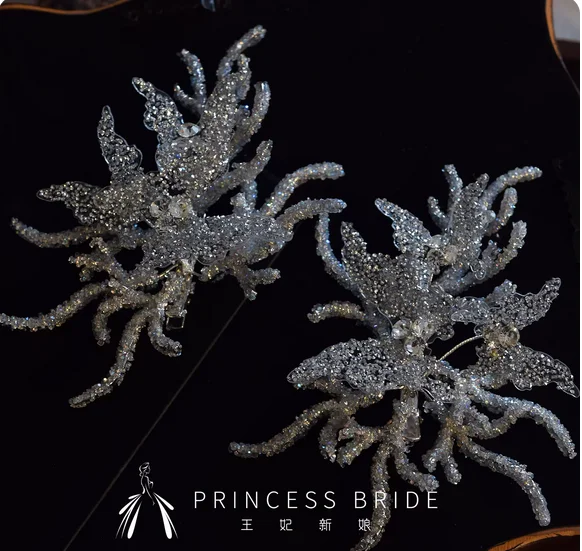 Wang Fei's new hand-made Crystal Ice Butterfly Hairpin Earrings with makeup wedding dress photo hair accessories
