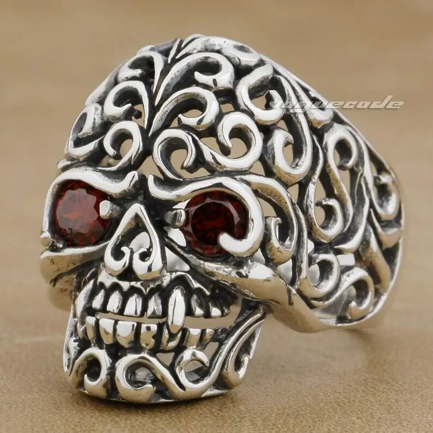 

Red CZ Eyes 925 Sterling Silver Flourish Swirls Skull Ring Biker Punk Jewelry 9G002 US Size 7~15