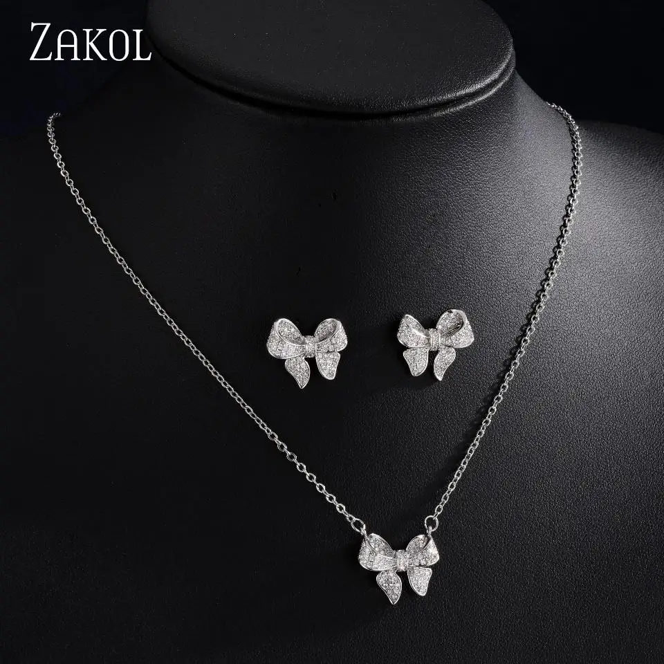 ZAKOL Sweet Cute Bow Women's CZ Zircon Earrings Necklace Two-piece Set Simple Fashion Charming Jewelry Sets Female