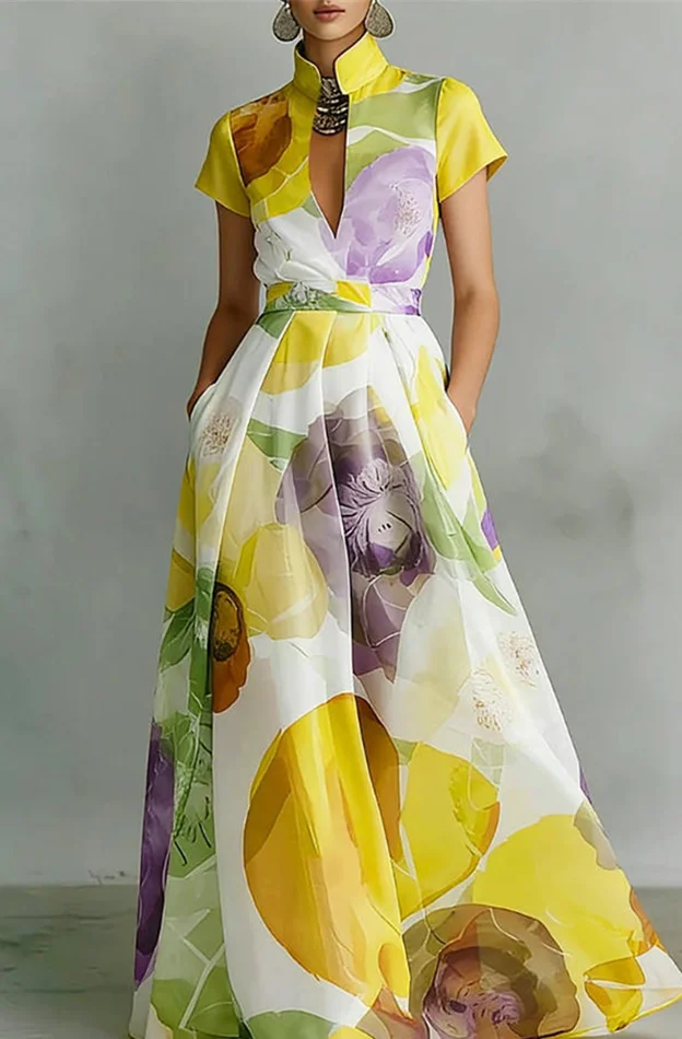 

Women Watercolor Floral Print Maxi Dress Stand Collar Short Sleeve High Waist Elegant Wedding Guest Holiday Party Long Vestidos