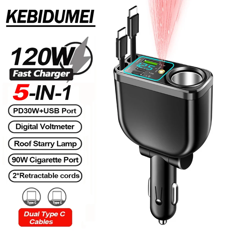 carregador-de-telefone-retratil-5-em-1-120w-com-carregamento-rapido-usb-pd-voltimetro-digital-led-lampada-estrelada-de-teto-e-acendedor-de-cigarros-90w