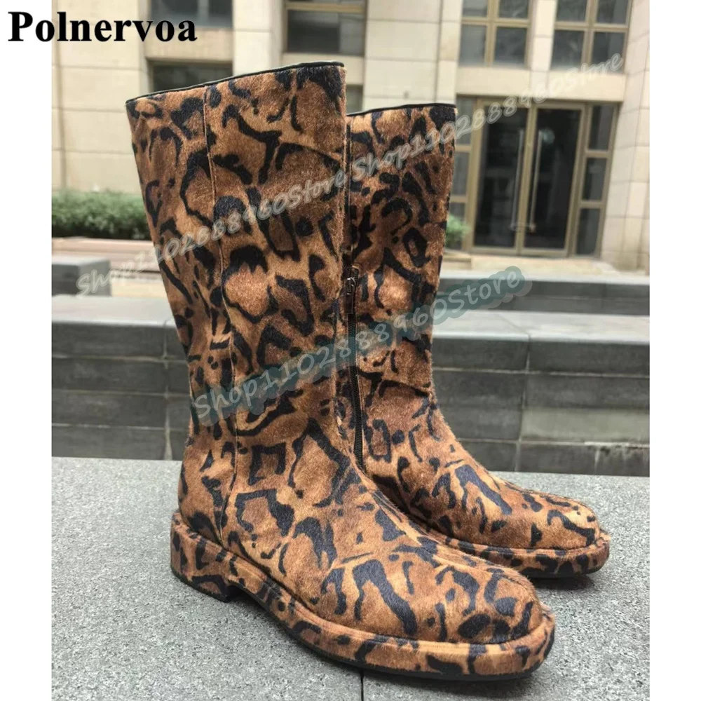 Runway Mid Calf Tiger Print Men Boots Flats Trending Shoes For Men Side Zipper Round Toe Handmade Party Catwalk 2026 Men Boots