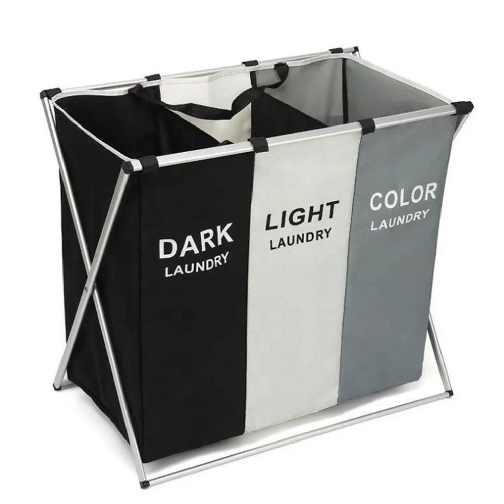 

Foldable Laundry Basket Storage Basket Hamper with Aluminum Frame 3 Section Bathroom Home Dirty Cloth Collapsible