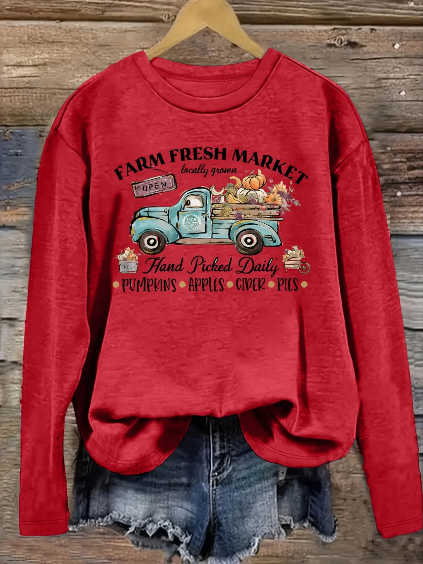 Women's Casual Long Sleeve Crew Neck T-Shirt Farm Fresh Market Truck Design Design, Round Neck Women's Clothing, Machine Washable, Slightly Elastic, Loose Fit, Spring Autumn Winter Women's T-Shirt, Halloween Costume Outfit view 4