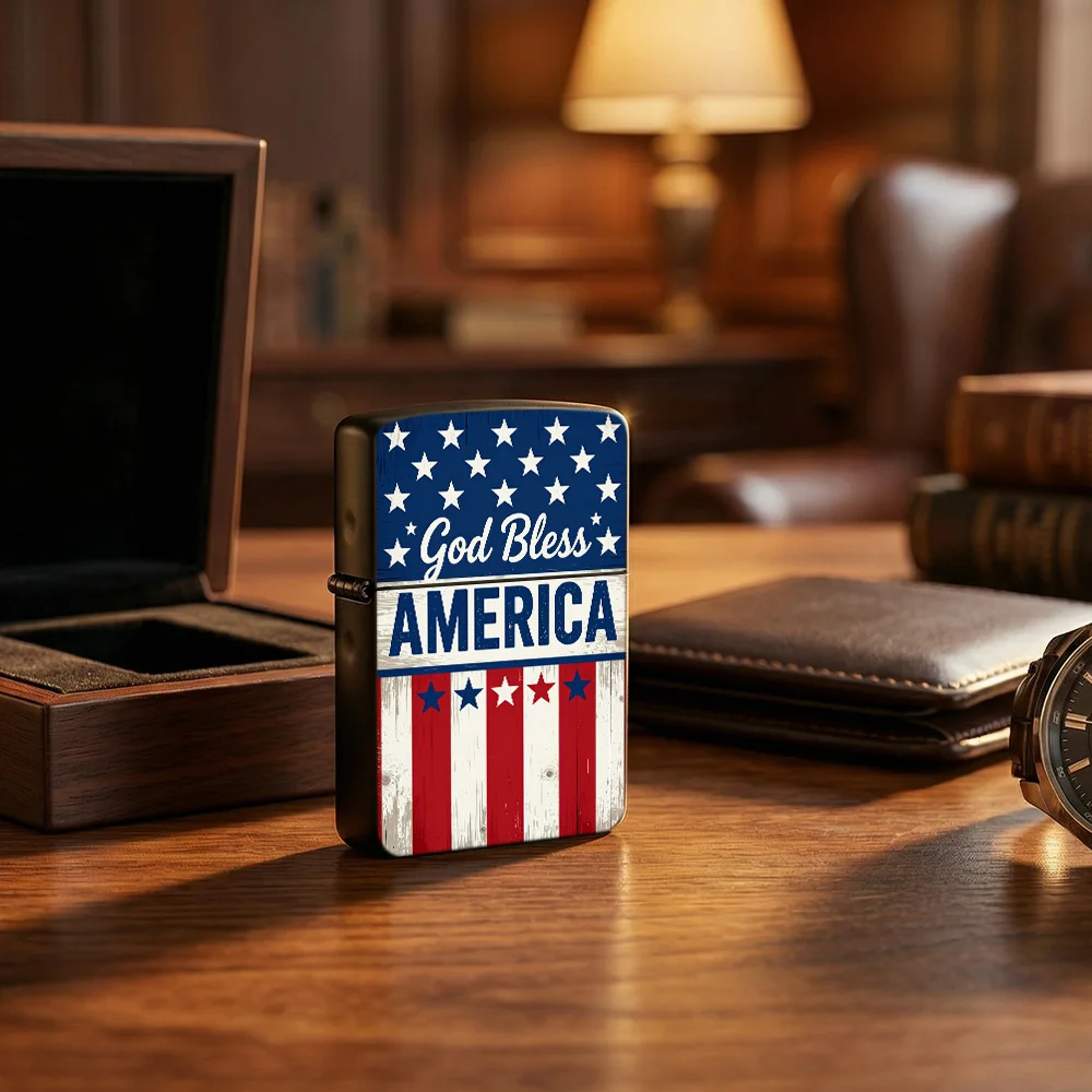 Rustic patriotic Flip Top Lighter lighters vintage God Bless America Wooden Flag Stars Stripes Retro Print lighters for smokers