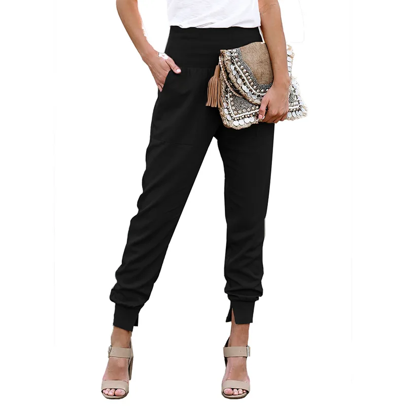 

Casual High Waist Trousers Pocketed Solid Color Loose Cropped Simple Joggers Pants Fashion Intersection Slit Trousers