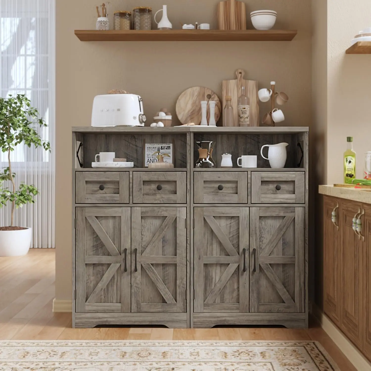 Farmhouse Storage Cabinet with Drawers and Shelf, Freestanding Kitchen Pantry Storage Cabinet, Floor Storage Cabinet Hutch Cupbo