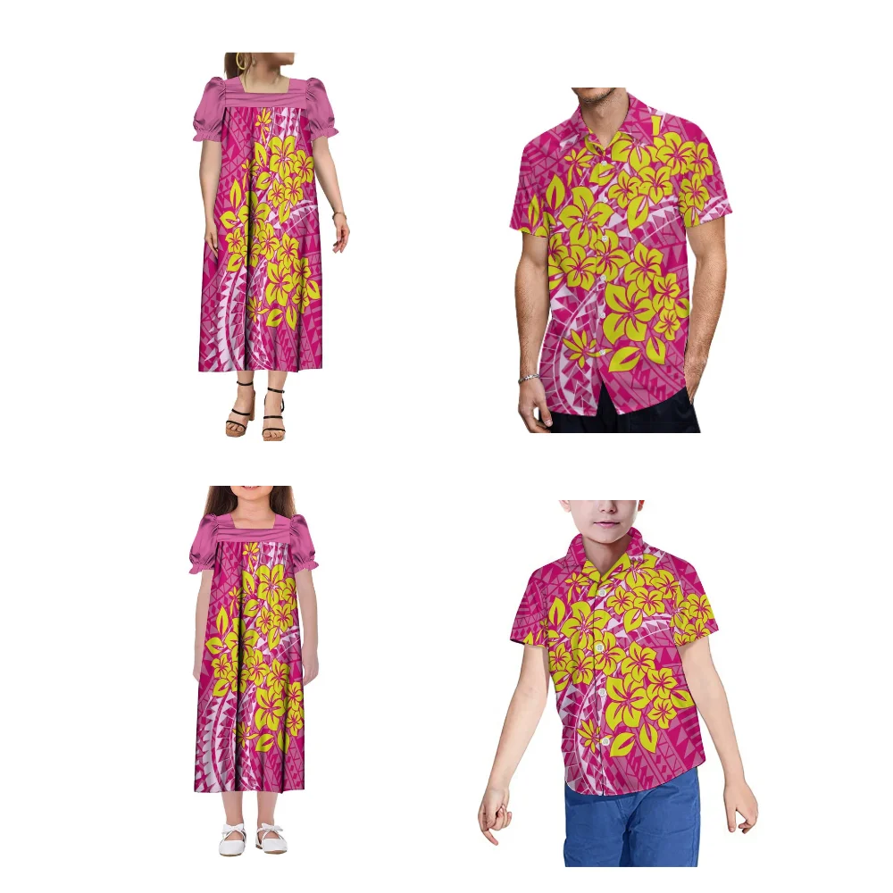 

Summer New Short Sleeve Family Set Polynesian Traditional Art Print Custom Men And Women Mumu Long Skirt Shirt For Children