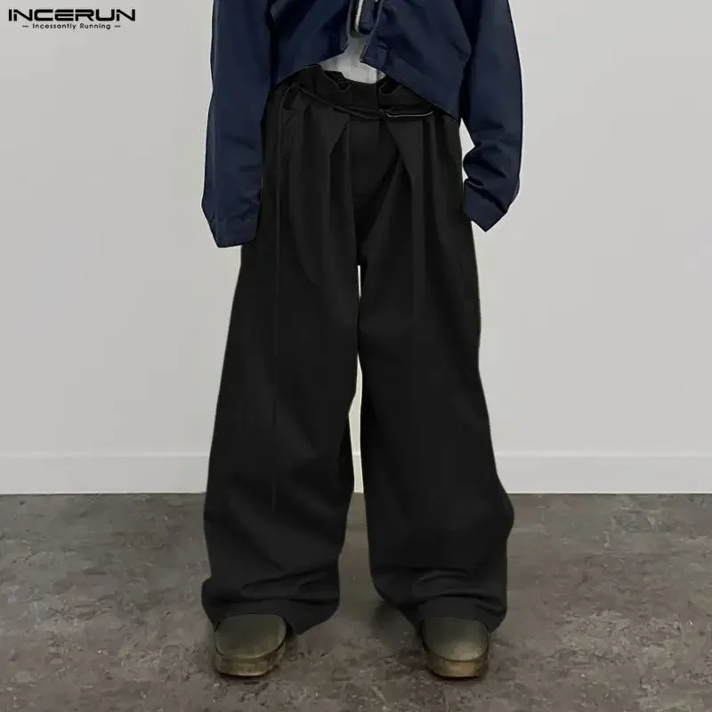 INCERUN Men Pants Solid Color Pleated Joggers Lace Up Casual Wide Leg Trousers Men Streetwear Loose Fashion Casual Long Pants