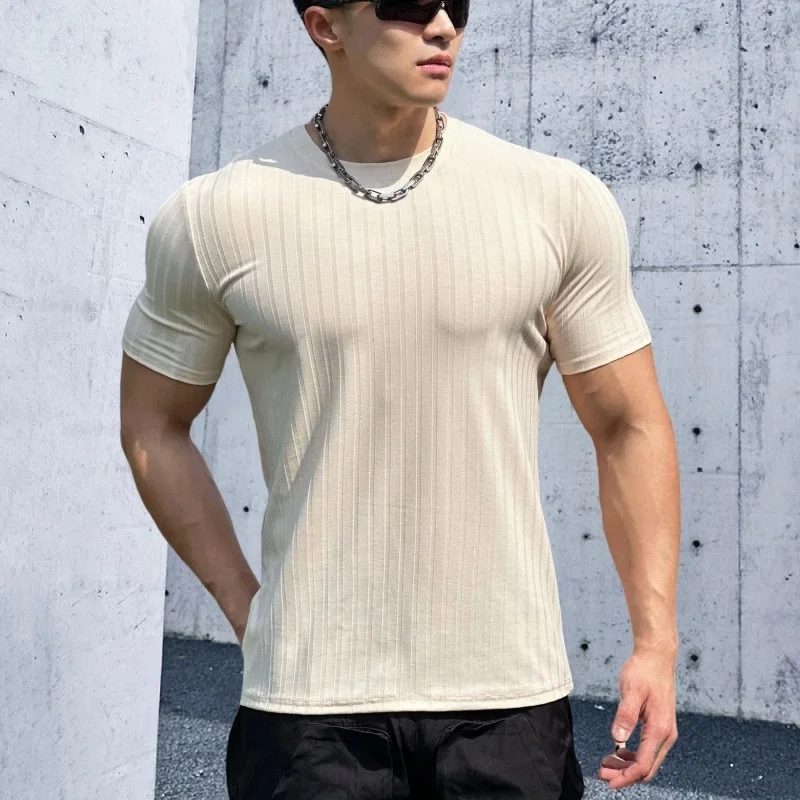 Round Collar elasticity Fitness T-shirt Summer Sports Short sleeved Loose T-shirt Fashion Stripe       running Top Men T-shirt