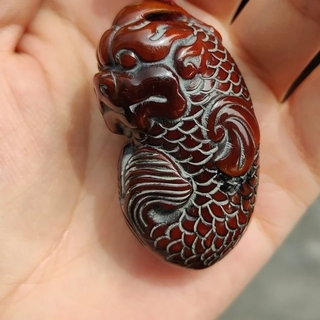 Ox horn Carved Good luck dragon fish  Statue Ornaments Craft Gift