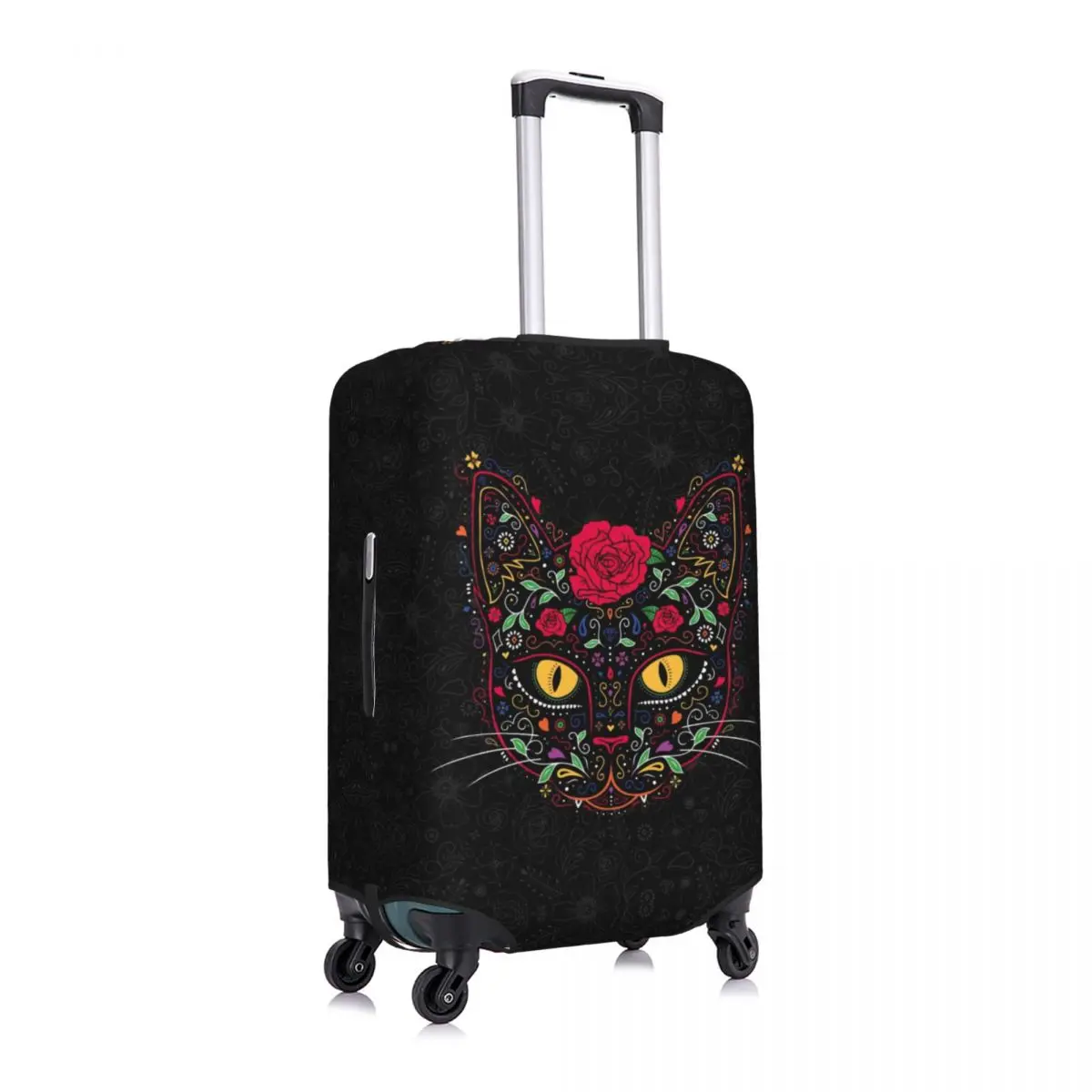 Custom Day Of The Dead Kitten Cat Sugar Skull Luggage Cover Protector  Mexican Halloween Floral Travel Suitcase Covers