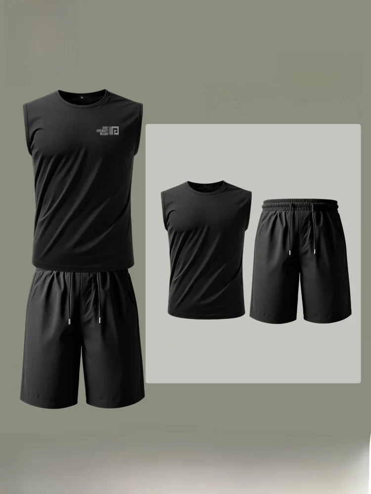 

Мужской летний спортивный комплект Jeanswest: дышащая майка из ледяного шелка с широкими плечами и шорты для бега и фитнеса, повседневная спортивная одежда