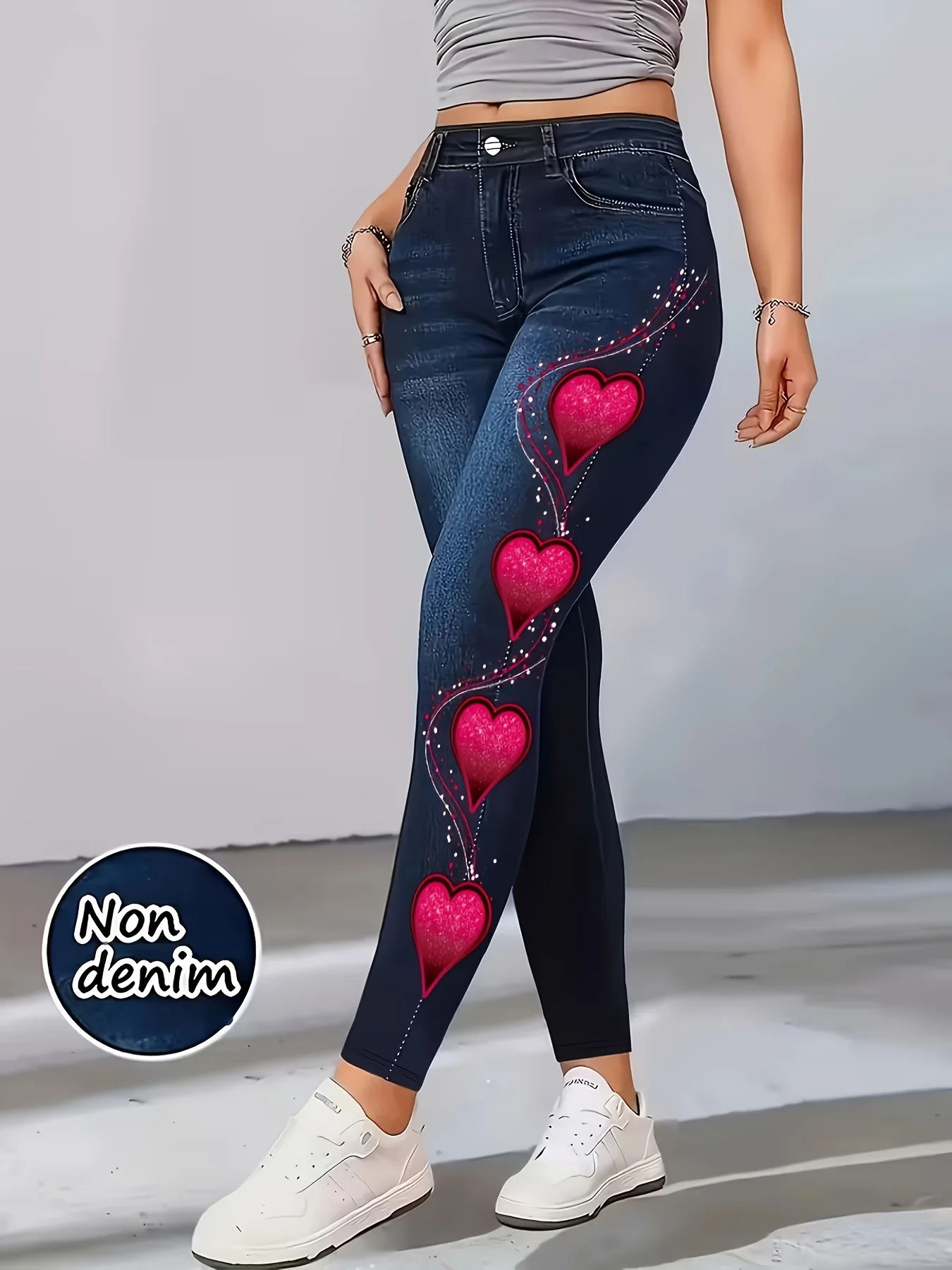 Women High Waist Faux Denim Leggings, Heart Print Skinny Pencil Pants, Stretch Non-Denim Slim Casual Streetwear Trousers