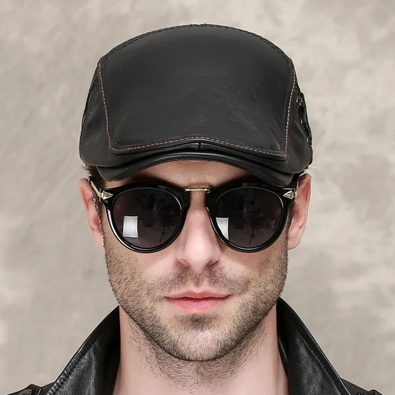 New Men\'s outdoor leather hat winter Berets male Multifunction Ear protection cap 100% genuine leather dad hat Leisure