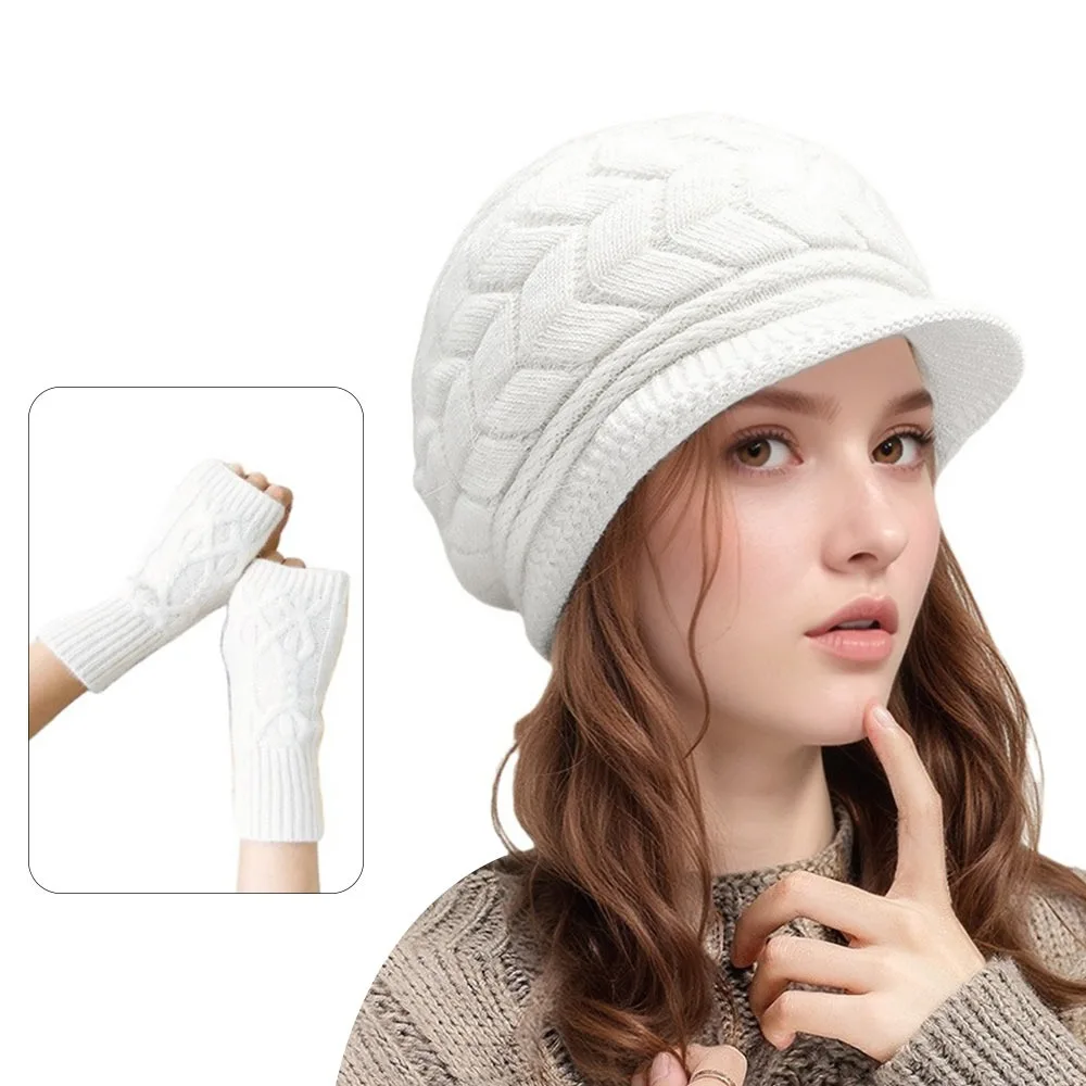 2 unids/set de gorros de lana de invierno para mujer, conjunto de guantes, gorro de punto suave y cálido, gorro con protección para los oídos a prueba de viento, guantes para exteriores