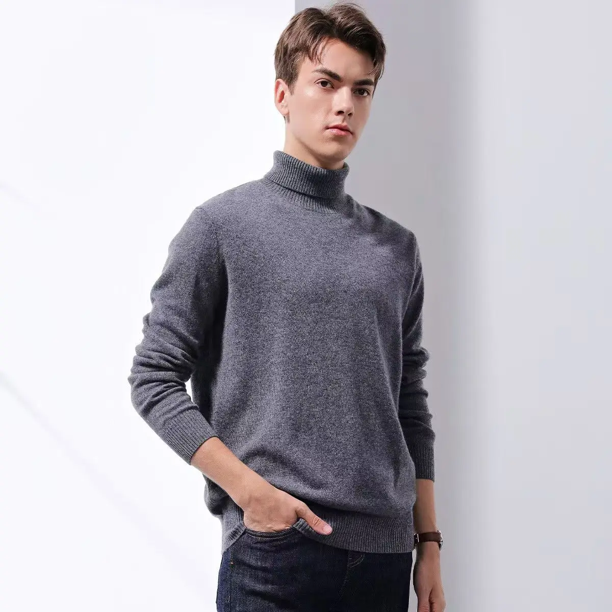 

Autumn And Winter New Turtle Neck Men's 100% Pure Wool Men's Wool Knitted Bottoming Shirt Loose Business Casual Shirt