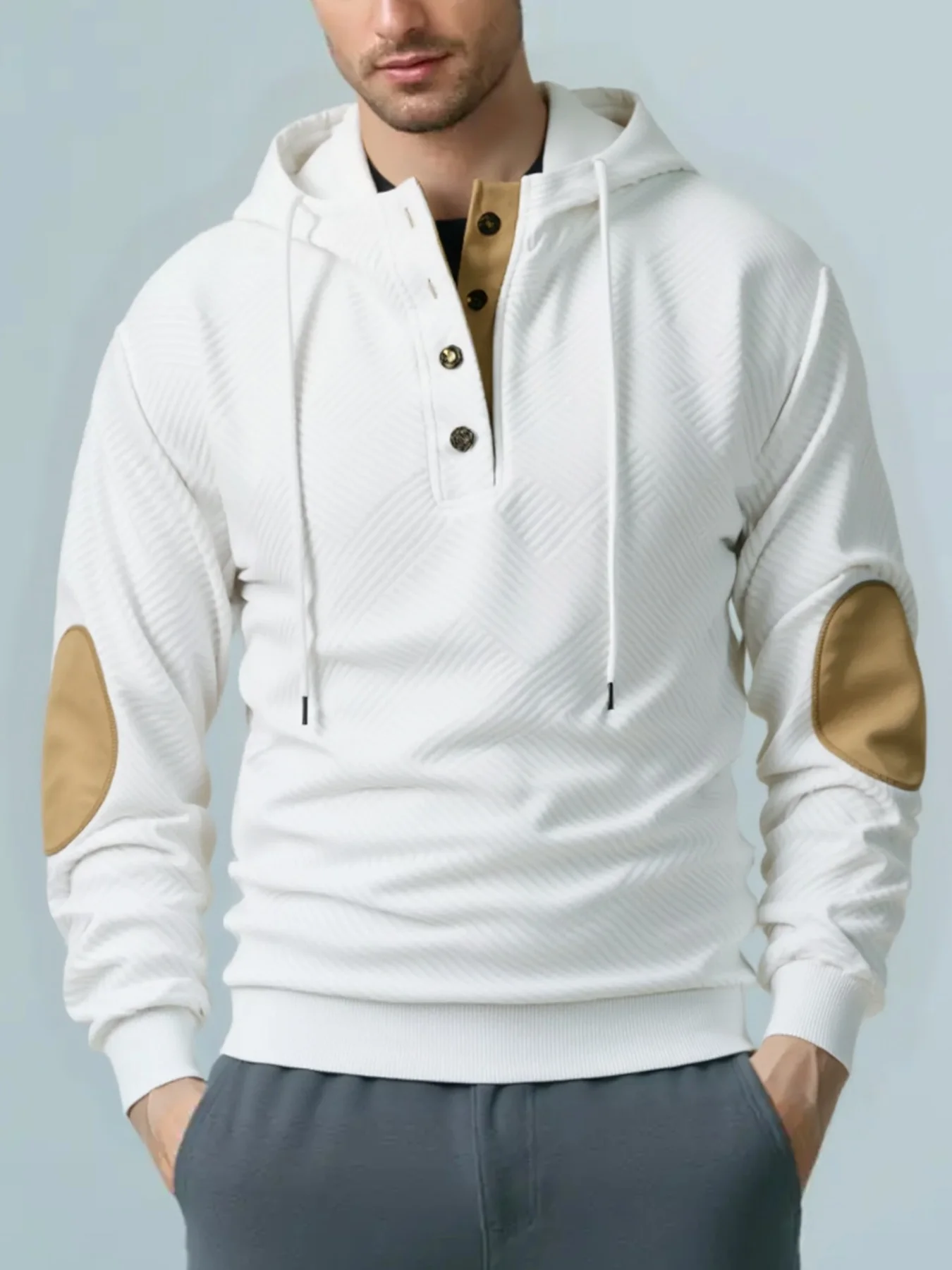 Men Henley Button Hoodie Geometric Jacquard Pullover Hooded Long Sleeve Casual Jumper For Autumn Winter