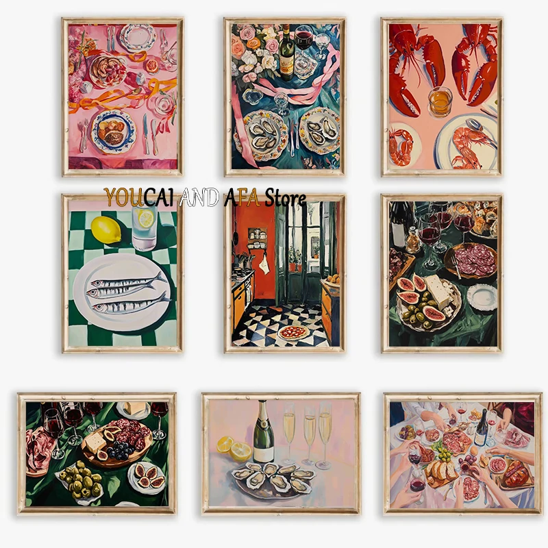 Arte de cocina, mesa de comedor, naturaleza muerta, aceitunas, ostras y champán, cena femenina, almuerzo, comida, póster, lienzo, pintura, decoración de pared