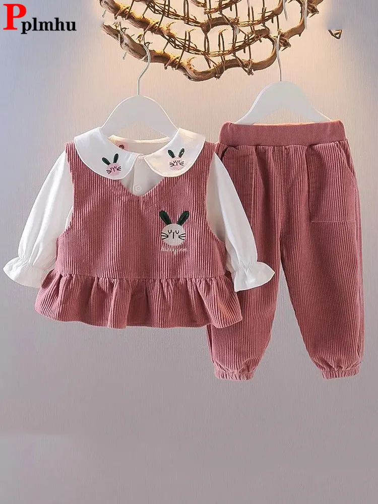 Sweet Corduroy Girls 3 Piece Sets Fashion Doll Collar Shirt+vest+pants Kids Ensemble Spring Fall Jogger Pants Children Outfit