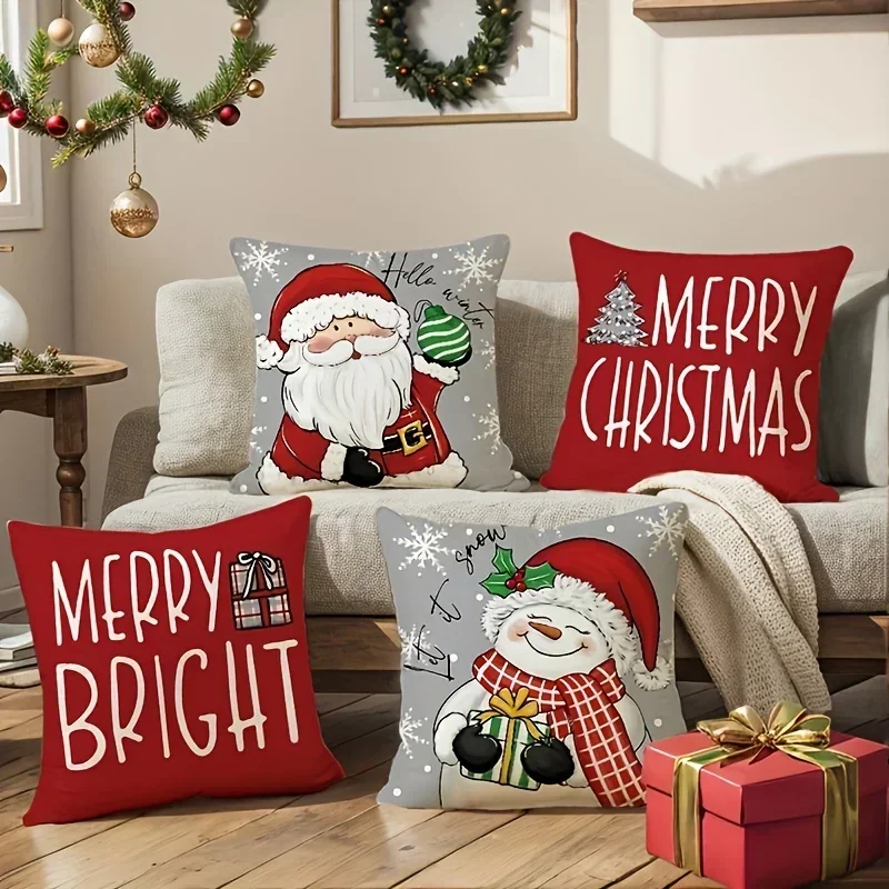 A Set of 4 Christmas Pillow Covers - Santa Claus and Snowman Hello Winter Design, Machine Washable, 18x18 Inch Zipper Closure