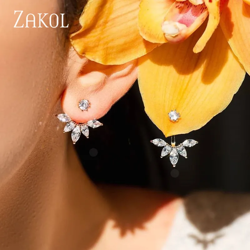 ZAKOL Fashion Zirconia Women Jewelry Exquisite White Color CZ Zircon Leaf Earrings Jackets For Party Wholesale Price FSEP489