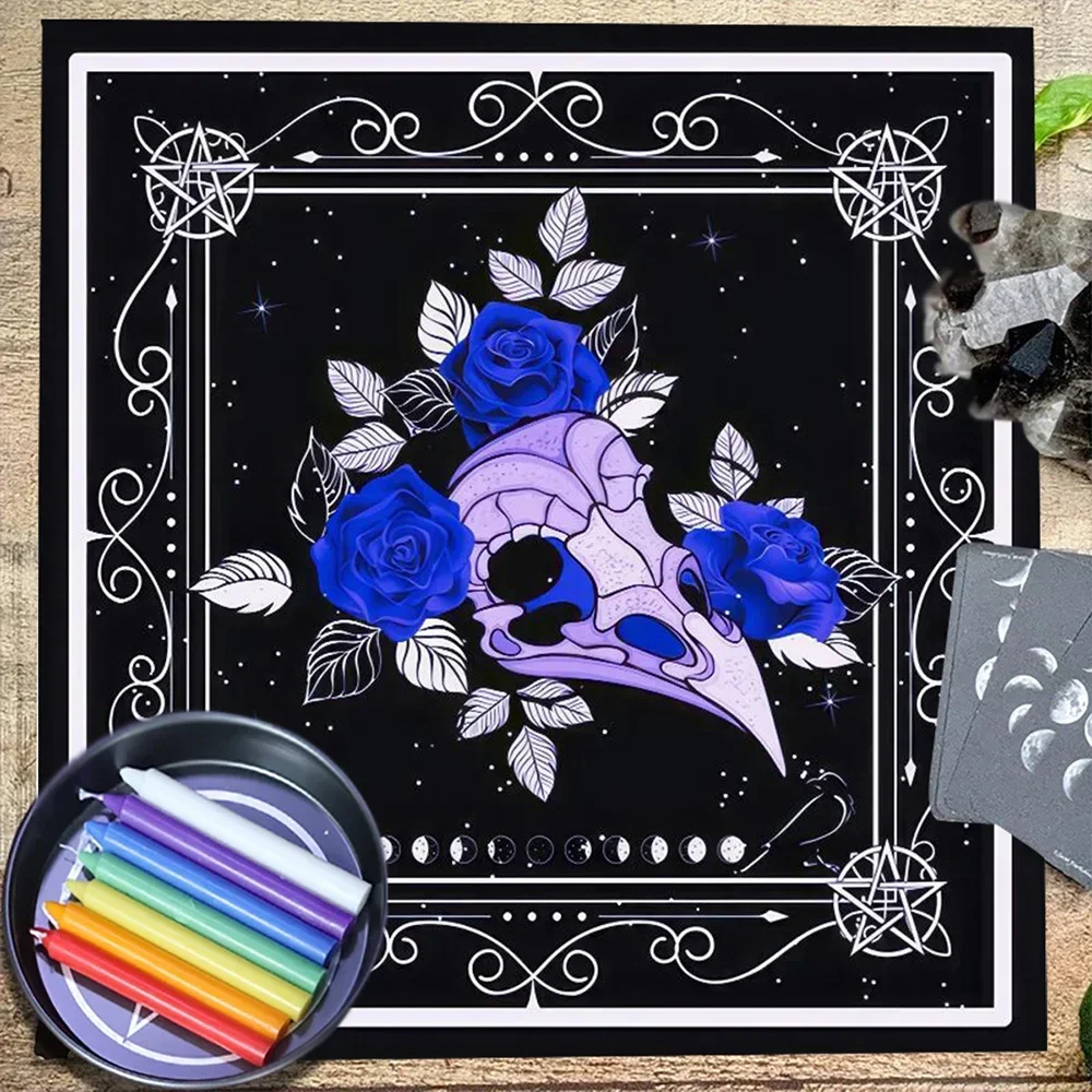 Crow Skull Floral Tarot Cloth For Reading Mystical Starshine Divination Altar Cloth Witchy Witch Pentagrams Tarot Mat Room Decor