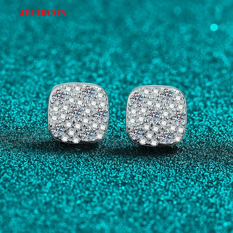 JECIRCON S925 فضة مويسانيتي كامل أقراط للنساء رائعة يوميا تنوعا ترصيع تألق مربع العنقودية تصميم