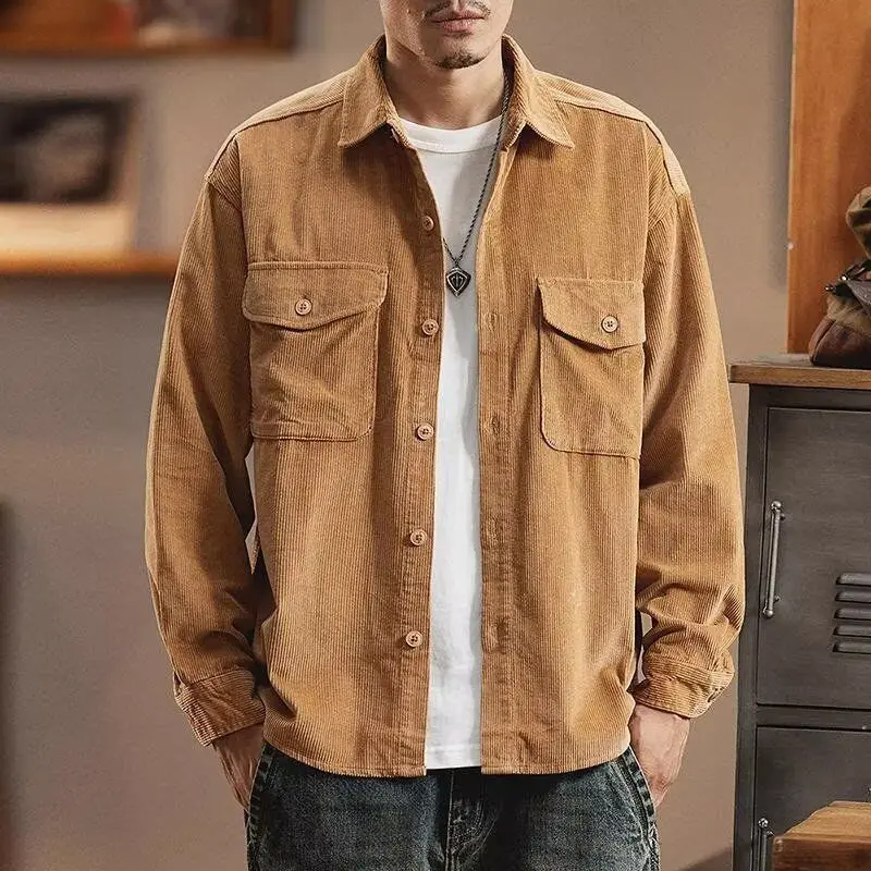 

Loose Casual Men's Shirt New Style Autumn Fashion Outerwear Standard Fit Long Sleeve Pure Color Button up Lightweight Coat
