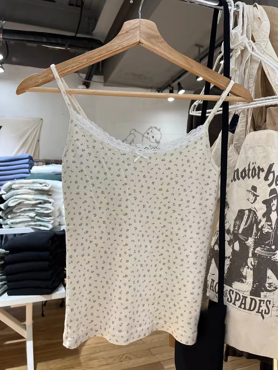 الأخضر الأزهار العيينة سليم المحاصيل الأعلى امرأة الصيف القوس الدانتيل تقليم أكمام القطن كاميس الحلو Preppy نمط كل مباراة تانك القمم Y2k #4