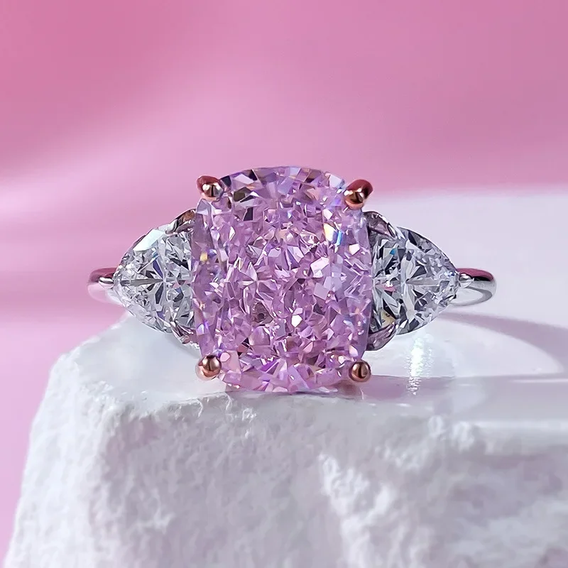 

New S925 Silver High Carbon Diamond Ring Set with 8 * 10mm Pink Diamond Fashion Ring Women's gift Jewelry