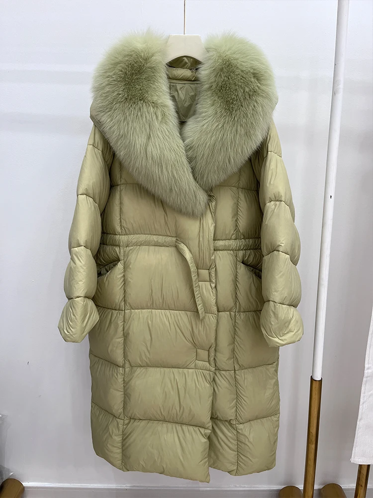 Neue Mode Winter frauen Mantel Gans Unten Mit Echt Fox Pelz Kragen Lange Jacke Volle Ärmel Dicke Warme Luxus weiblichen Mantel