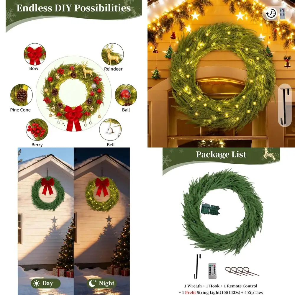 

36 Pre-lit Norfolk Pine Outdoor Wreath with 100 LEDs, Timer, Remote, and Hanger