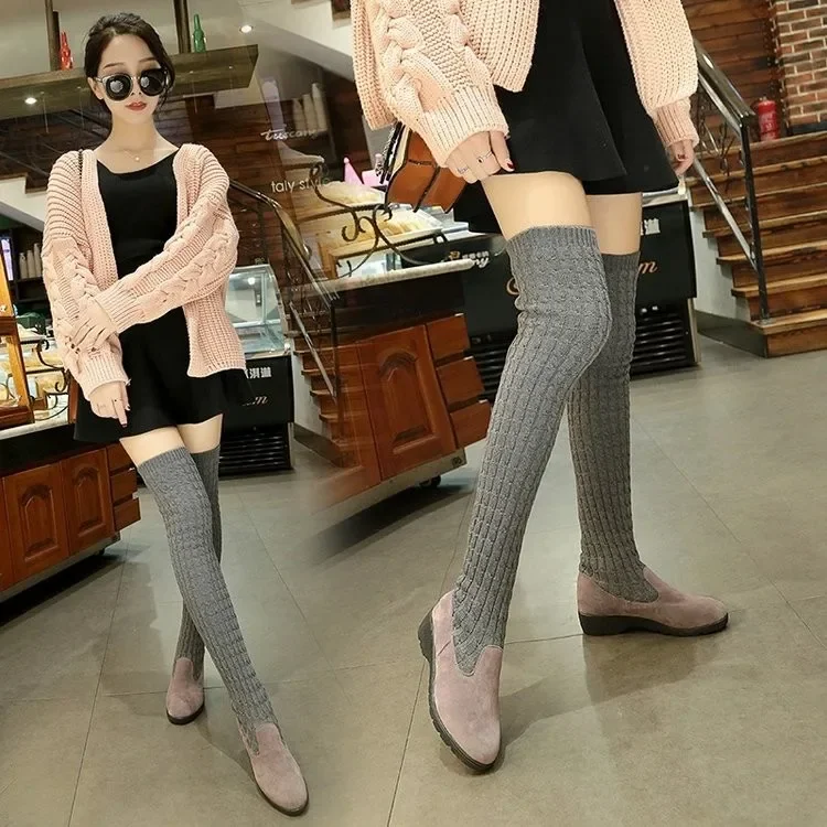 Autumn and Winter New Fashion Knitted Wool High Socks Boots for Women Flat Over The Knee Long Elastic Skinny Boots