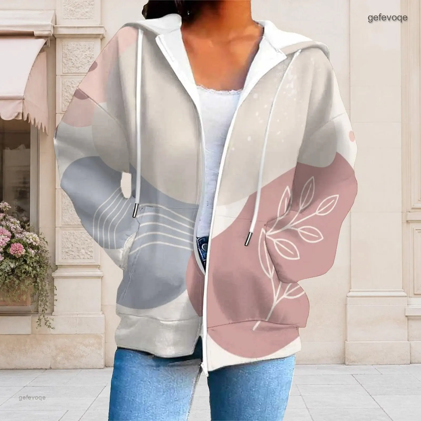 Women Zip Up Hoodie Abstract Leaf Geometric Printed Long Sleeve Hooded Top with Pockets