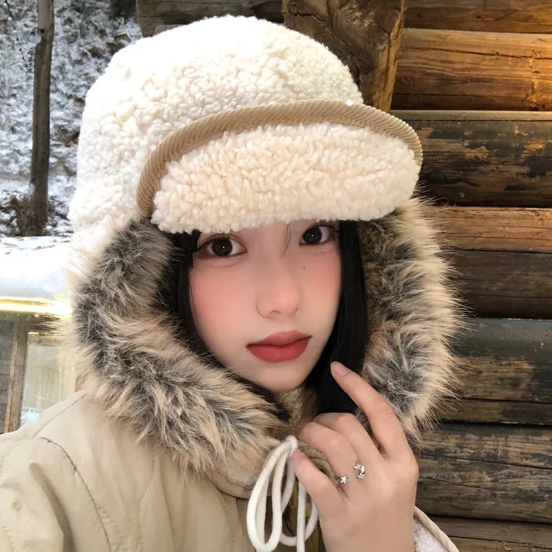 

Корейская версия Ins Lamb Wool Plush Lei Feng Hat для мужчин и женщин, зимние уличные теплые велосипедные шапки для защиты ушей с галстуком-пилотом