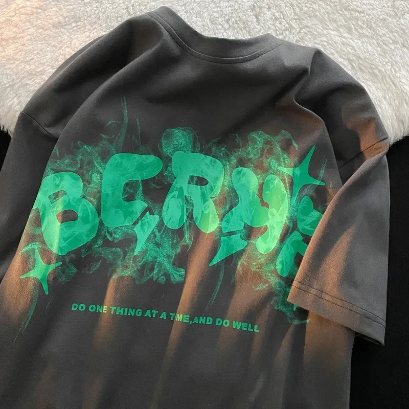 

American Hip Hop Fashion Short Sleeve T-shirt Men Summer Ins Loose Versatile High Street Retro Half Sleeve Tops Men Clothing Y2k