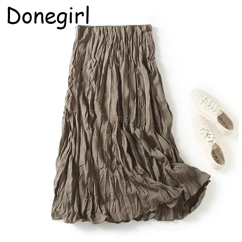 Donegirl Nieuwe 2023 Vrouwen Mode Lente Zomer Elasticiteit Hoge Taille Plooien Midi Rok Effen Casual Eenvoudige Vrouwelijke Chic