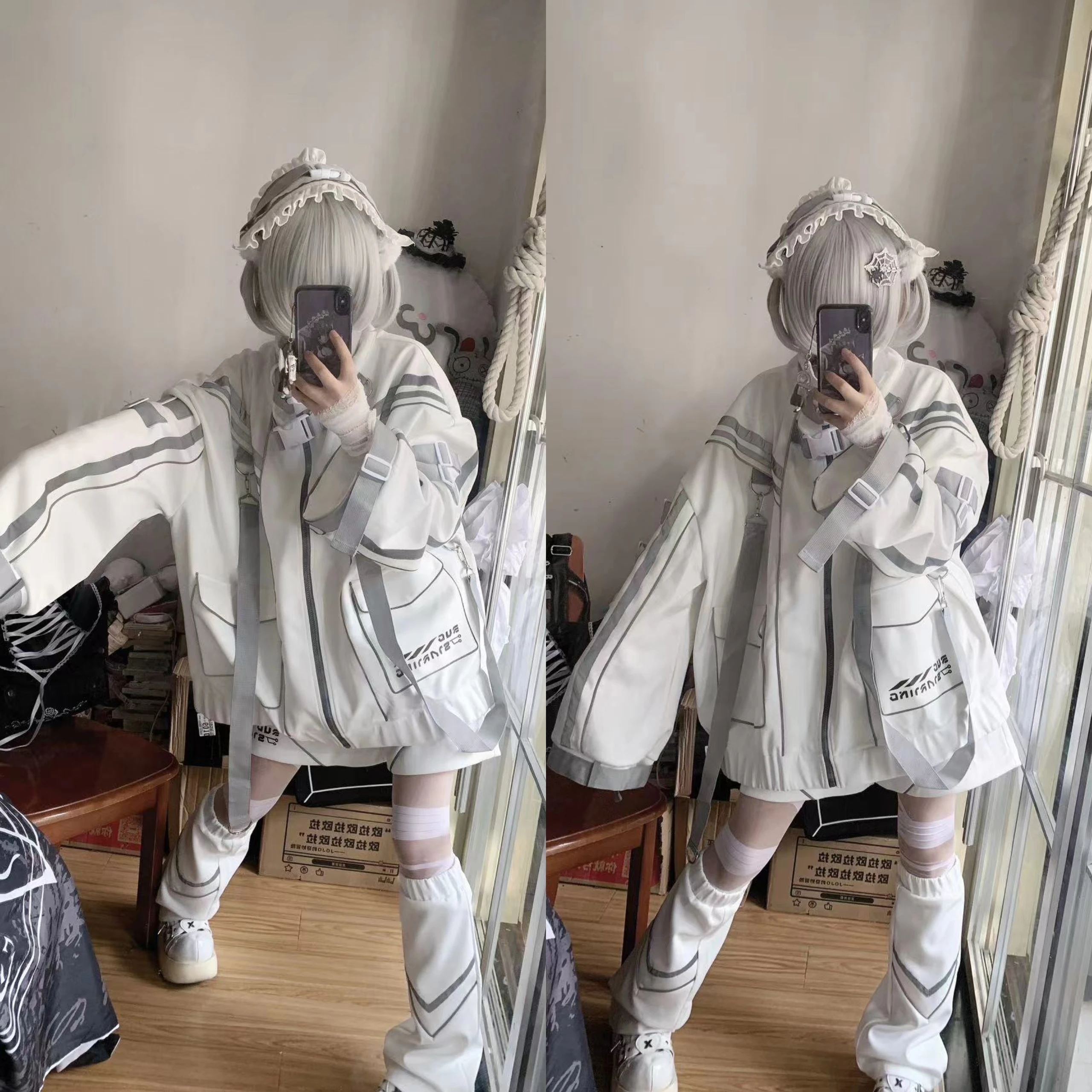 Subculture Y2k Sportswear Autumn New Japanese Harajuku Aesthetic Loose Cardigan Jacket Shorts Leg Cover Headband 4 Piece Set