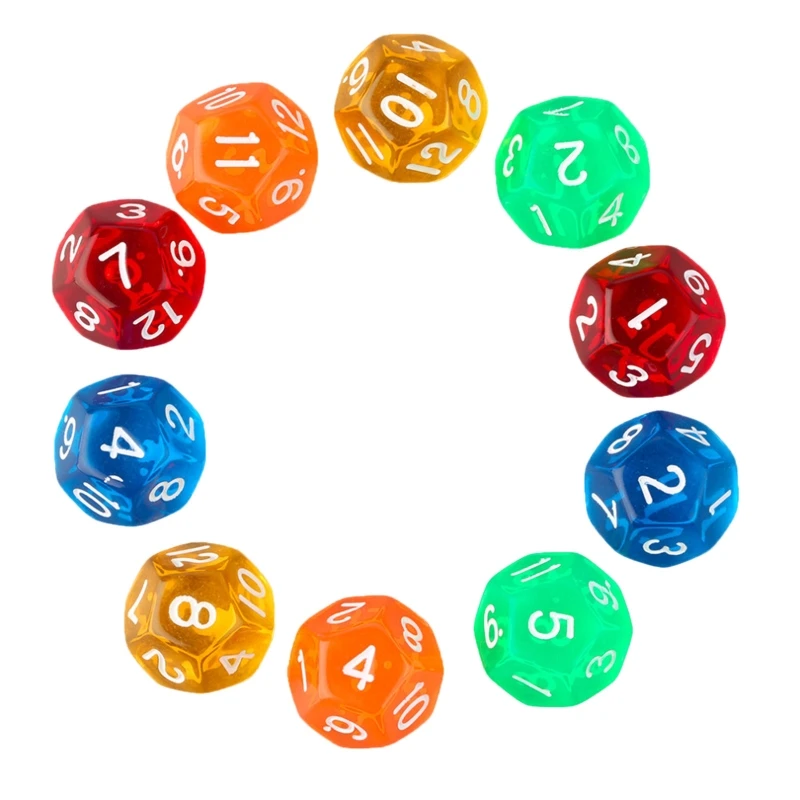 10x Acrylic Crystal Transparent D12 12 Sided Colorful Game Dices Set